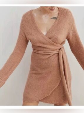 aerie nude sweater Wrap Knit Mini Dress
